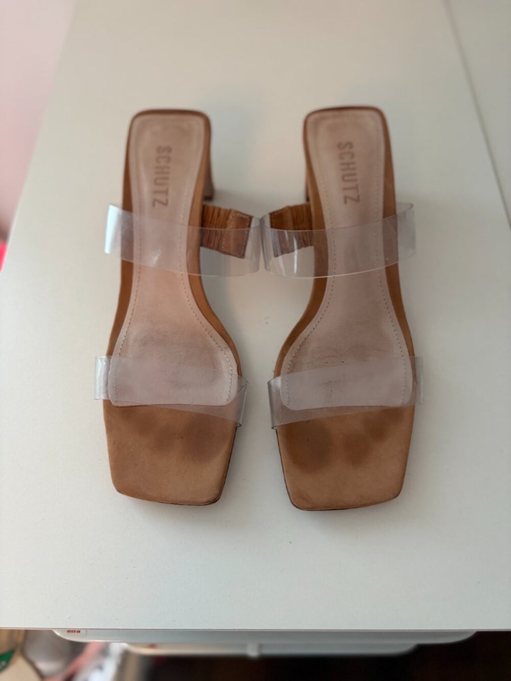 Schutz Taina Honey Beige Clear Vamps Slip On Open Toe Mid Block Heel Sandals
